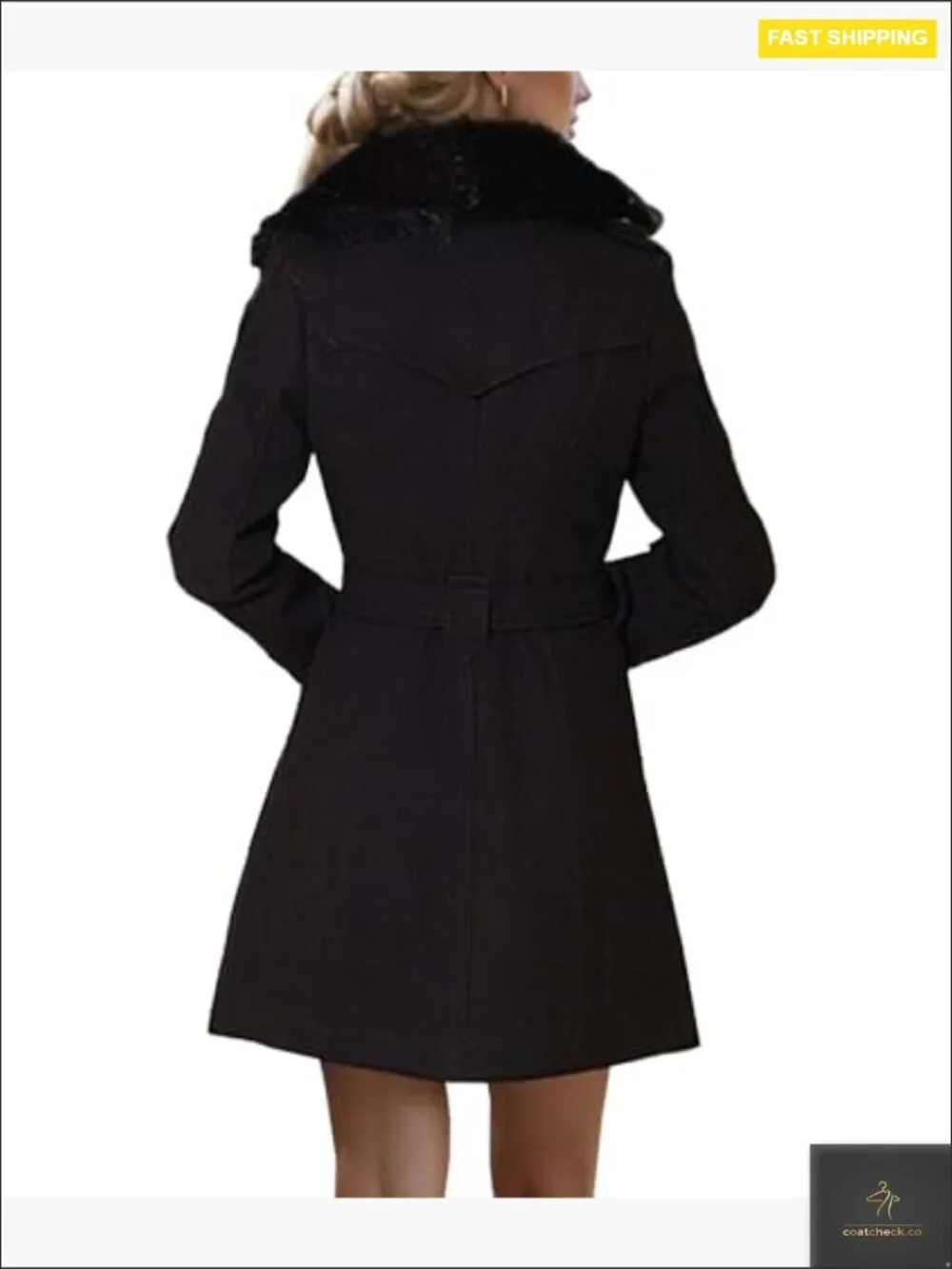 Faux Fur Trench Coat Double Breasted Belted Wool Blend Elegant Winter Overcoat